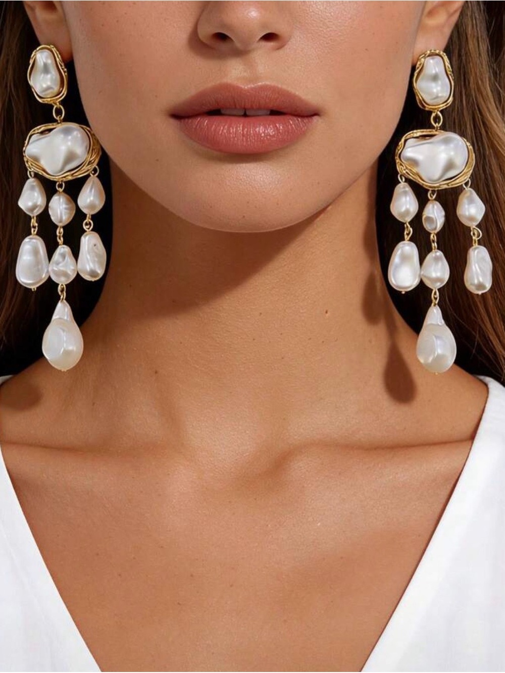 Gold and White Baroque Pearl Drop Earrings - Women Jewelry